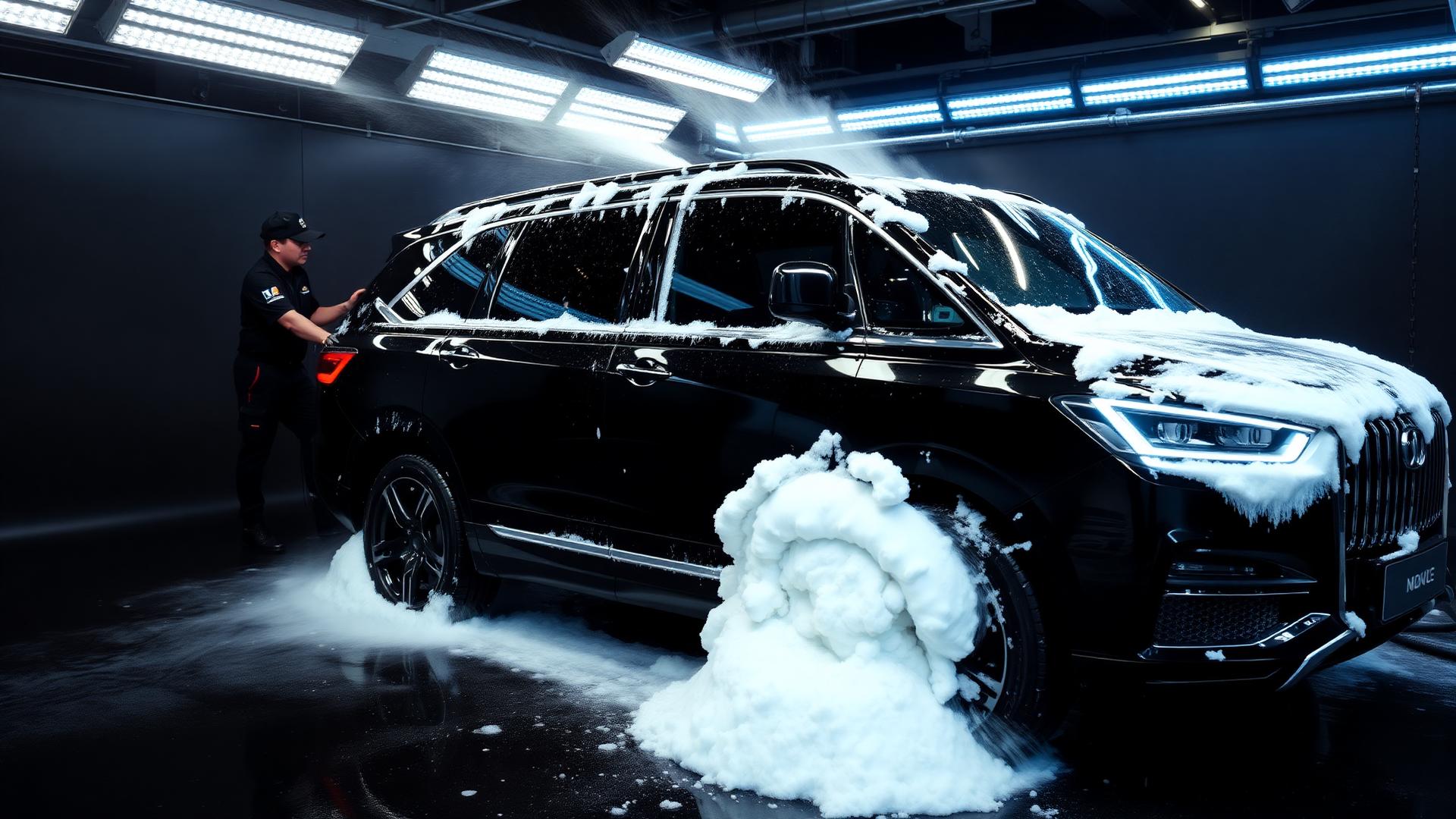 Premium luxury SUV being professionally washed with foam